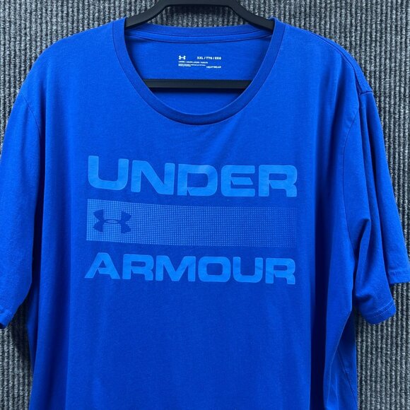 Under Armour HeatGear T-Shirt Mens 2XL Blue Graphic Spellout Loose Fit Pullover - Picture 2 of 11